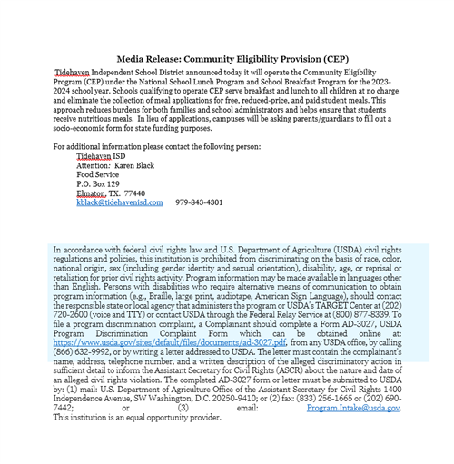 Media Release: Community Eligibility Provision (CEP)  Tidehaven Independent School District announced today it will operate 